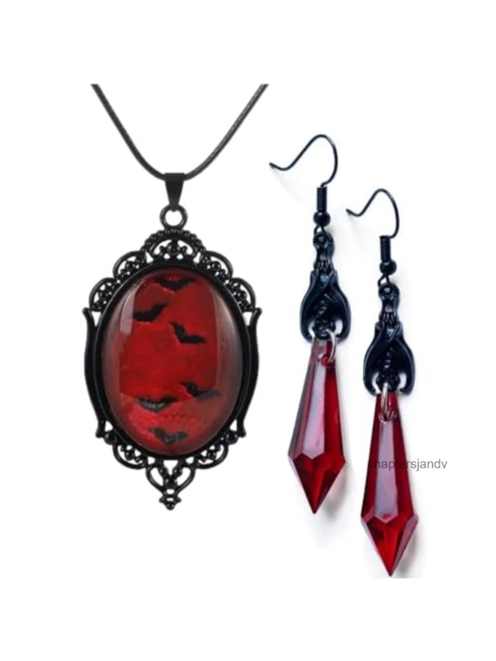 Gothic Vampire Bat Necklace Earrings Set Glass Black Metal Witch Jewelry